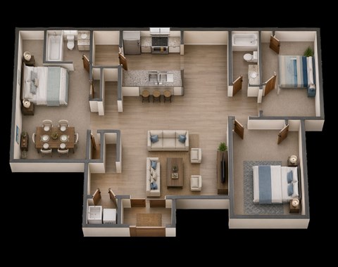 Floor plan for 3 beds, 2 baths, 1115 sqft